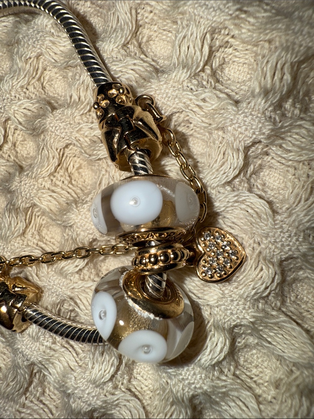 Pandora Bracelet( Retired White Mystic Murano Glass Bead with 14K Gold.